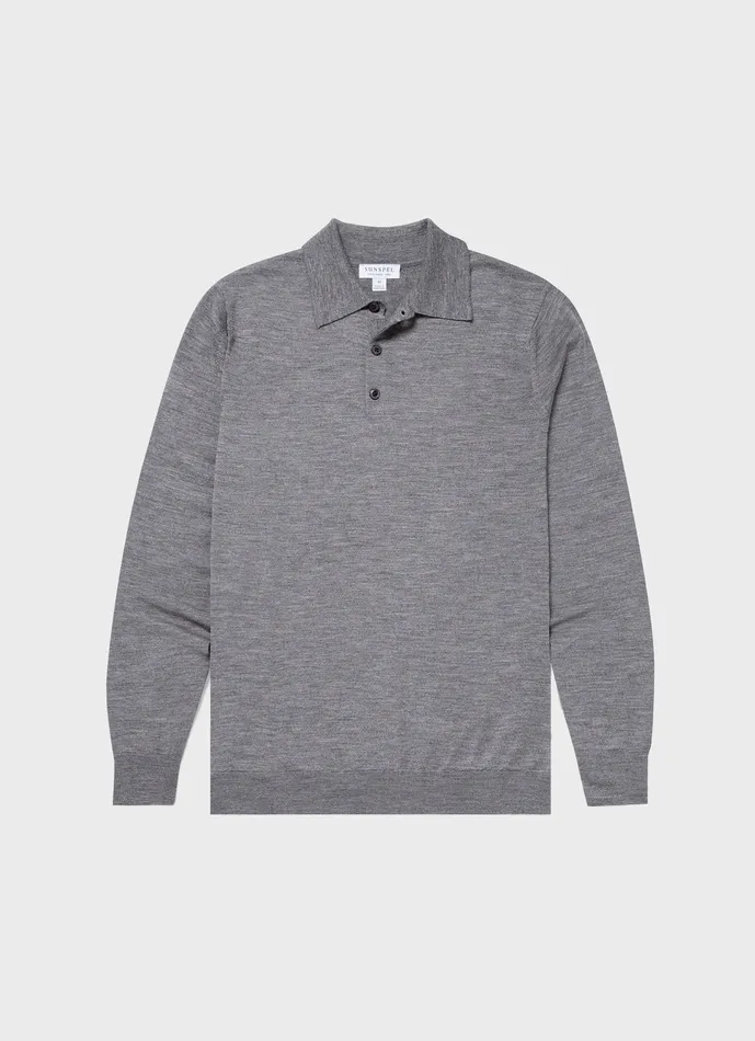 Knitwear ussunspel Men ExtraFine Merino Polo Shirt Mid Grey Melange