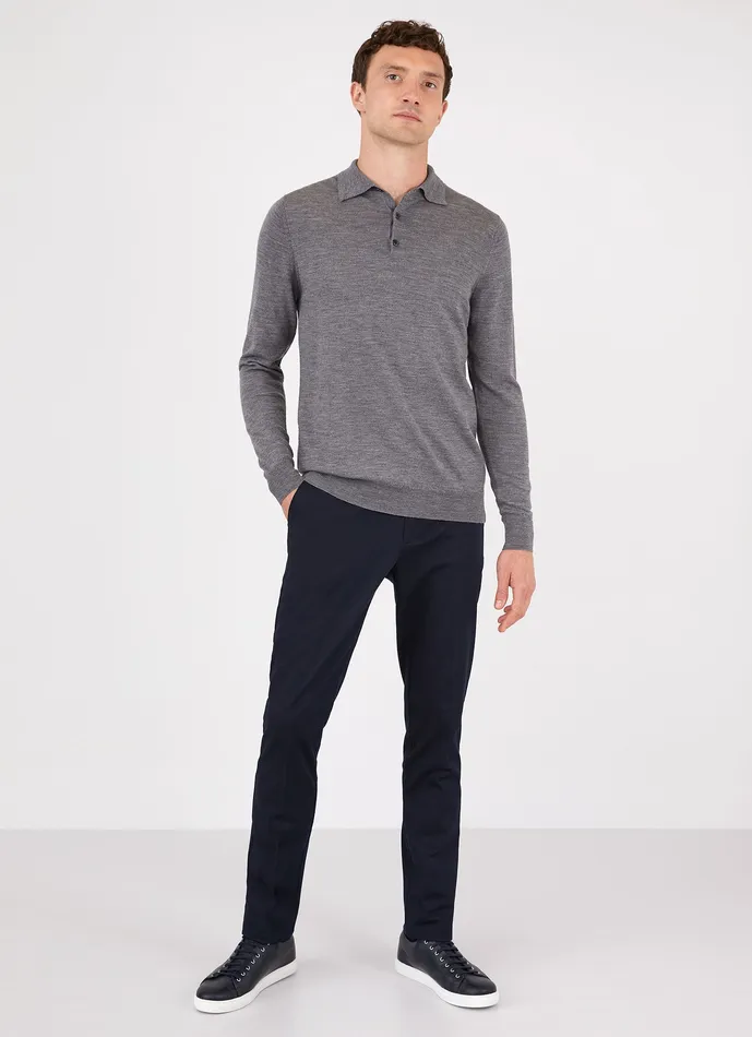 Knitwear ussunspel Men ExtraFine Merino Polo Shirt Mid Grey Melange