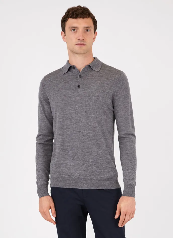 Knitwear ussunspel Men ExtraFine Merino Polo Shirt Mid Grey Melange