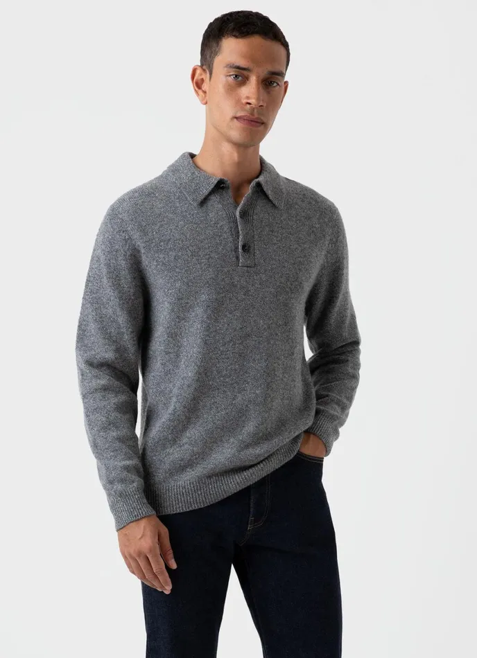 Lambswool Polo Shirt Mid Grey Melange Men SUNSPEL Polo Shirts