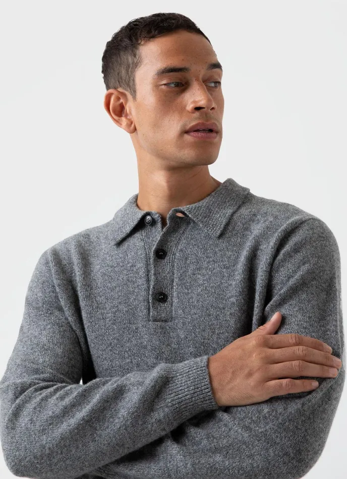 Lambswool Polo Shirt Mid Grey Melange Men SUNSPEL Polo Shirts
