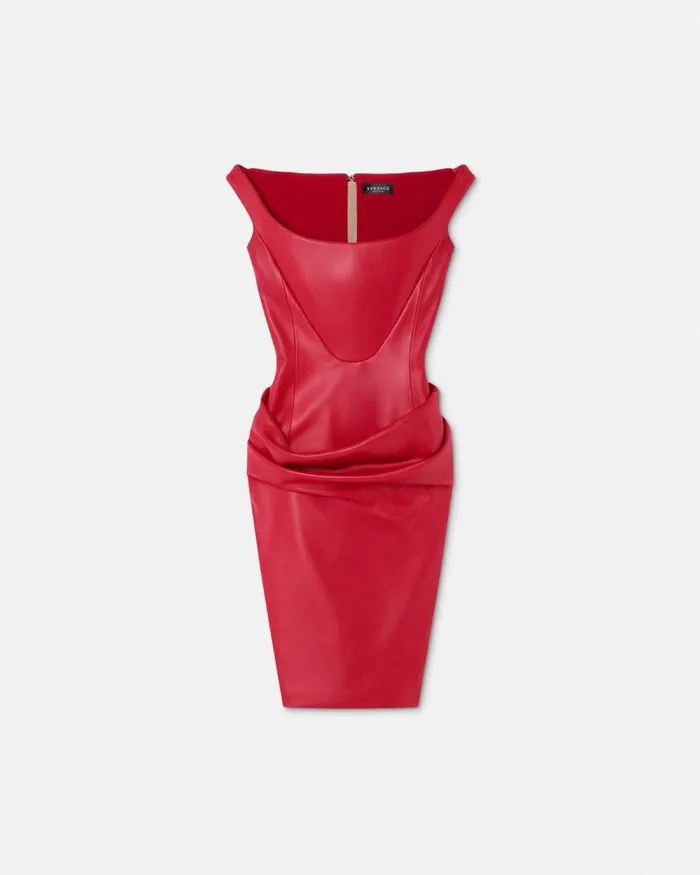 Leather Corset Draped Midi Dress Red Women Versace Dresses