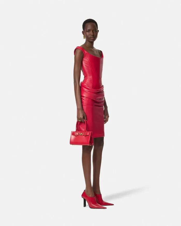Leather Corset Draped Midi Dress Red Women Versace Dresses