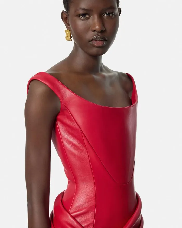 Leather Corset Draped Midi Dress Red Women Versace Dresses