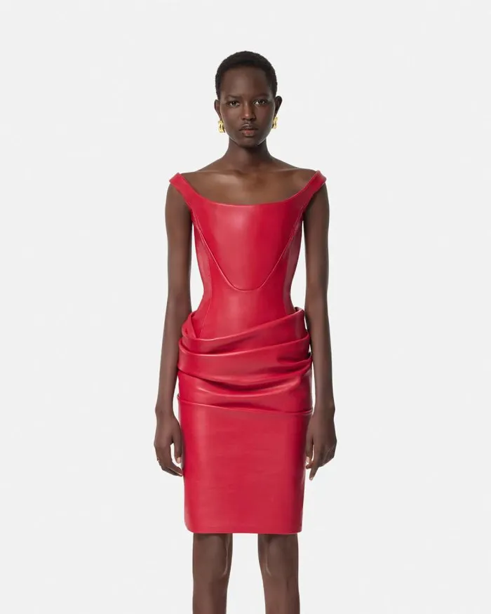 Leather Corset Draped Midi Dress Red Women Versace Dresses