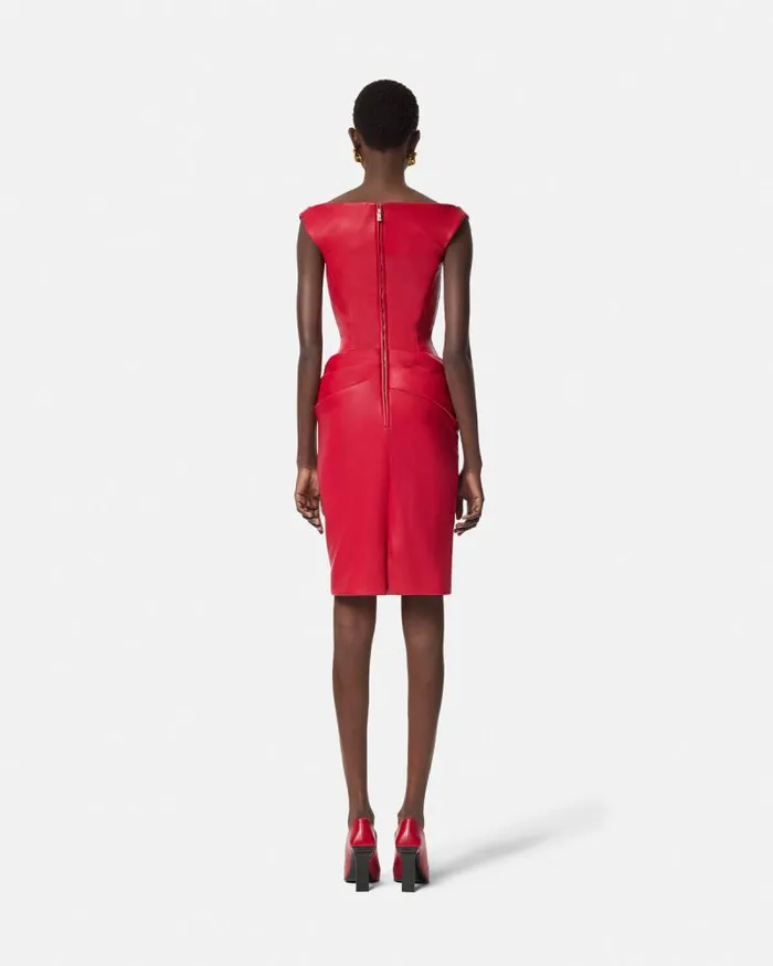 Leather Corset Draped Midi Dress Red Women Versace Dresses