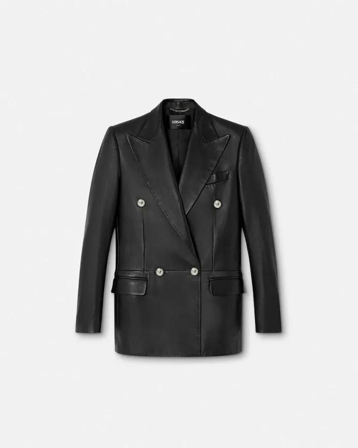 Leather StraightFit Masculine Blazer Black Women Versace Outerwear and Coats