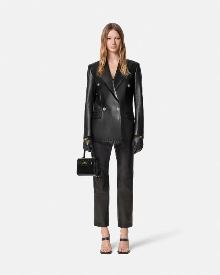 Leather StraightFit Masculine Blazer Black Women Versace Outerwear and Coats