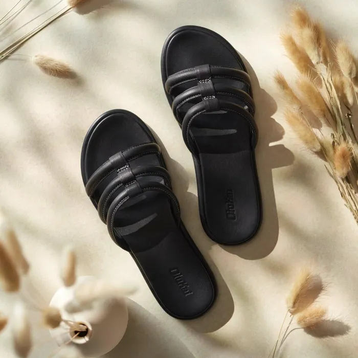 Leather Women Olukai Tiare Slide Leather Slide Sandals 8211 Black
