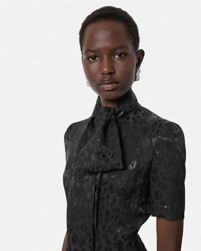 Leopard Jacquard Lavallire Midi Dress Black Women Versace Dresses
