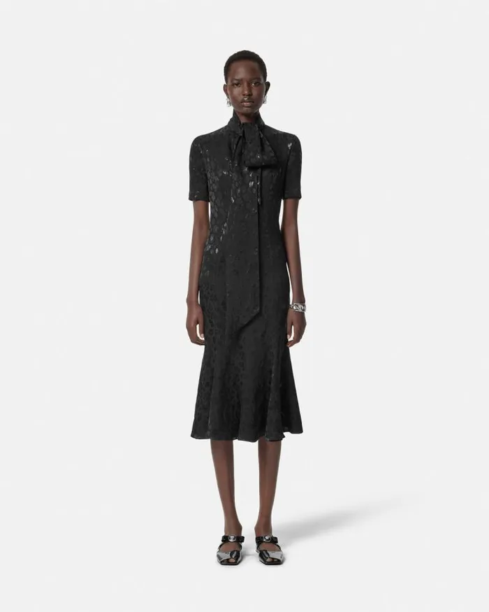Leopard Jacquard Lavallire Midi Dress Black Women Versace Dresses