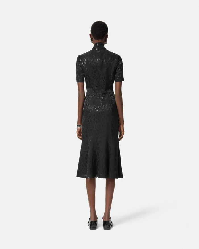 Leopard Jacquard Lavallire Midi Dress Black Women Versace Dresses