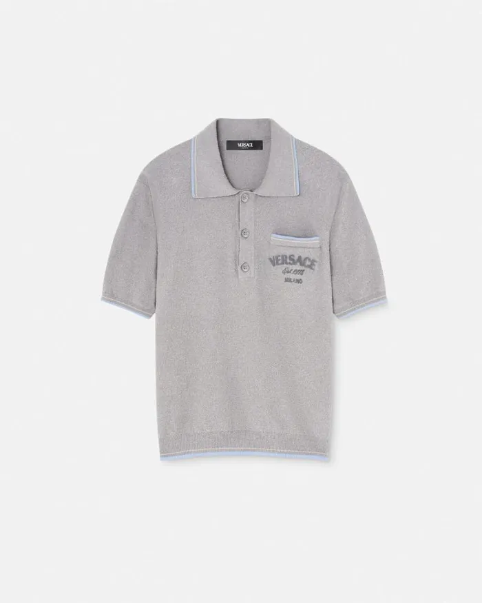Logo Towel Polo Shirt Gray Men Versace Knitwear
