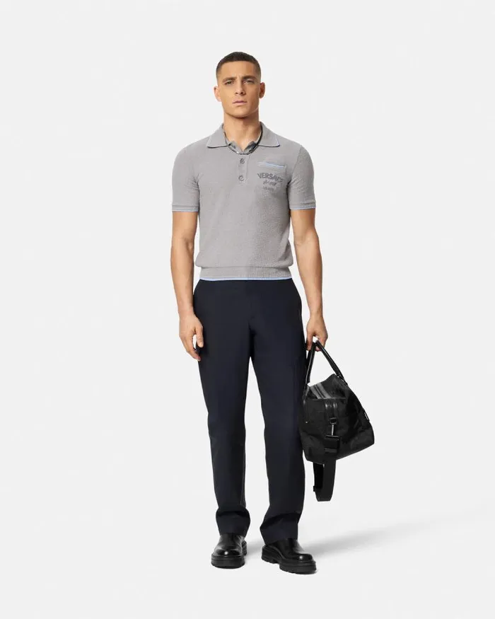 Logo Towel Polo Shirt Gray Men Versace Knitwear