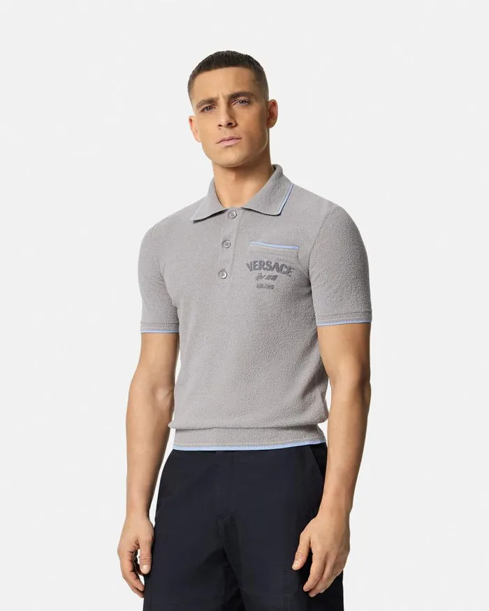 Logo Towel Polo Shirt Gray Men Versace Knitwear