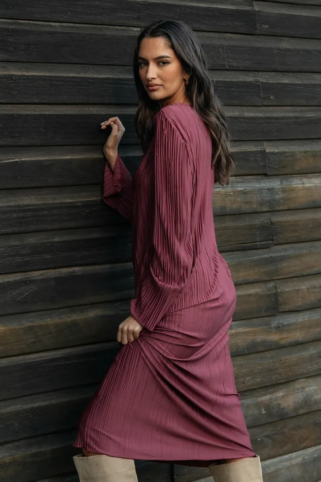Long Sleeve Dresses Women Tannikah Plisse Midi Dress Ruby Wine Petal and Pup