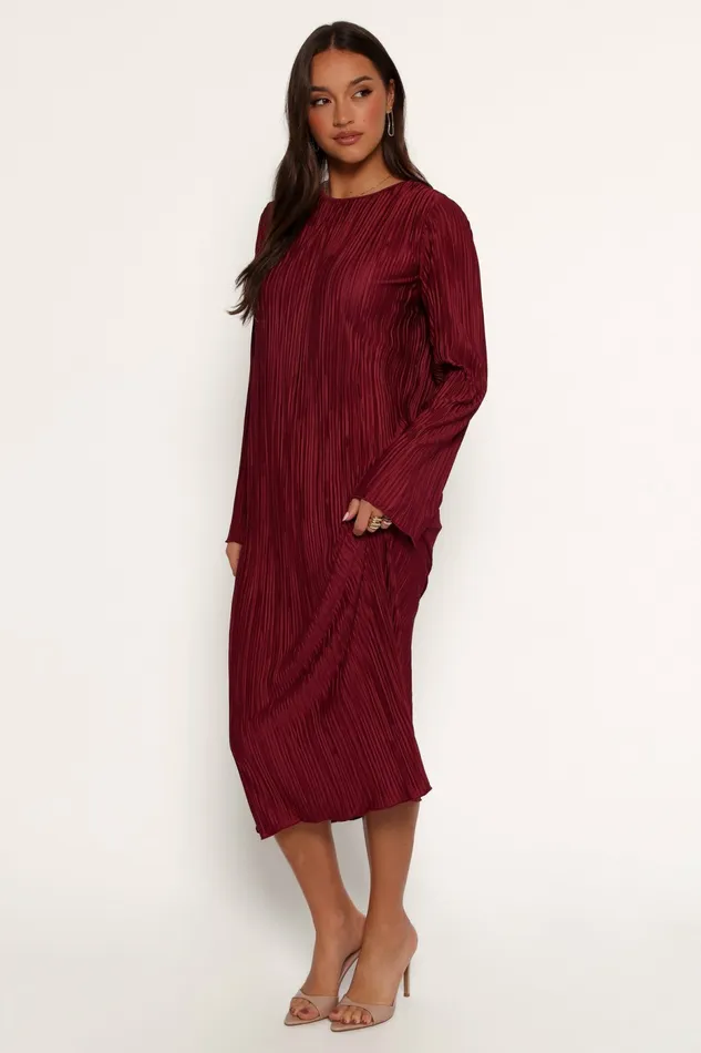Long Sleeve Dresses Women Tannikah Plisse Midi Dress Ruby Wine Petal and Pup
