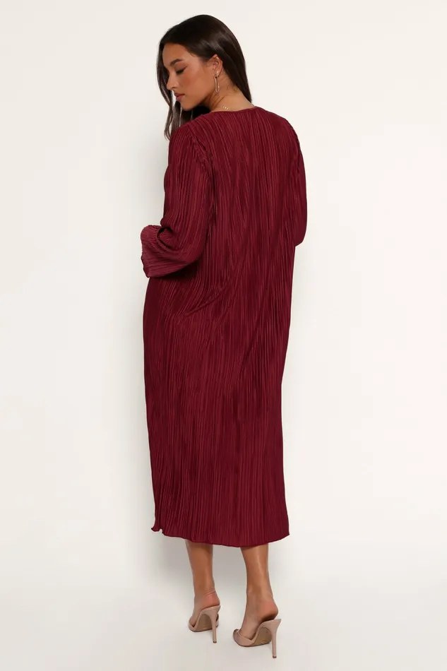 Long Sleeve Dresses Women Tannikah Plisse Midi Dress Ruby Wine Petal and Pup