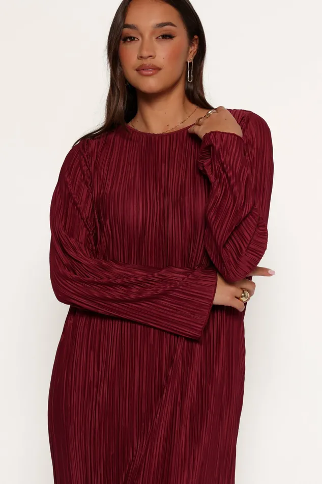 Long Sleeve Dresses Women Tannikah Plisse Midi Dress Ruby Wine Petal and Pup