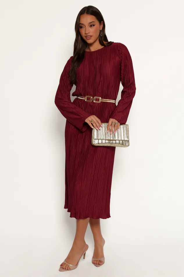 Long Sleeve Dresses Women Tannikah Plisse Midi Dress Ruby Wine Petal and Pup