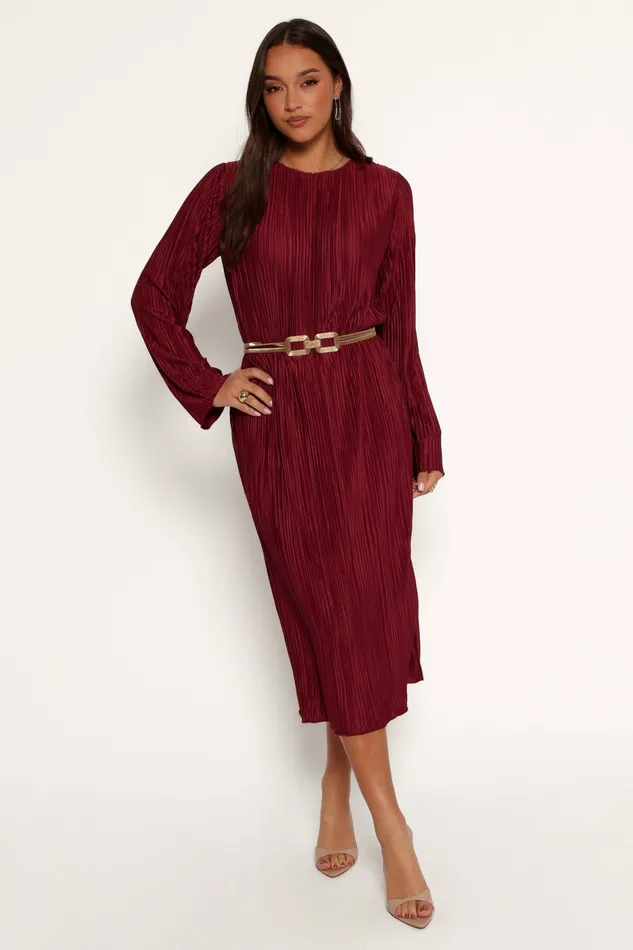 Long Sleeve Dresses Women Tannikah Plisse Midi Dress Ruby Wine Petal and Pup