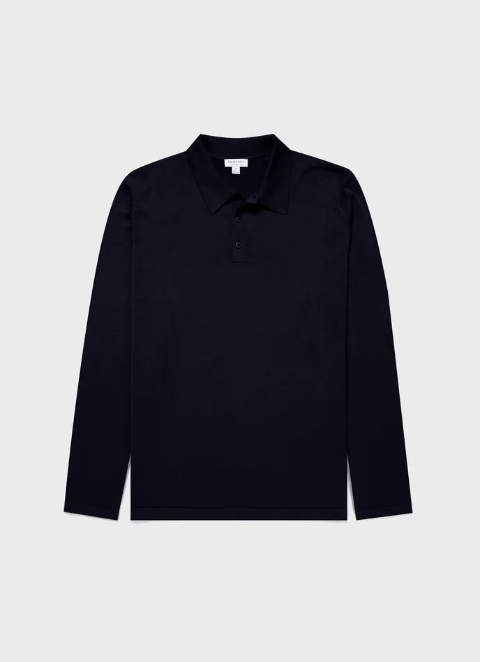 Long Sleeve Sea Island Cotton Polo Shirt Light Navy Polo Shirts ussunspel Men