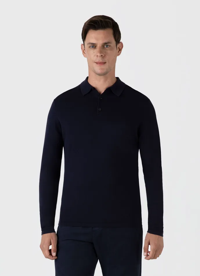 Long Sleeve Sea Island Cotton Polo Shirt Light Navy Polo Shirts ussunspel Men