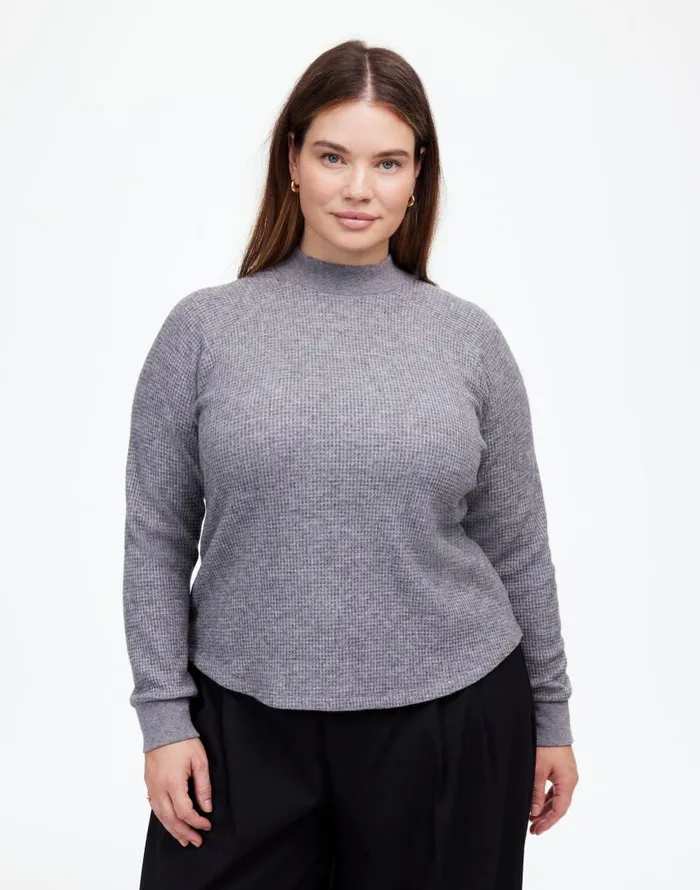 Loungewear Women Madewell Plus WaffleKnit LongSleeve Crewneck Tee Hthr Charcoal