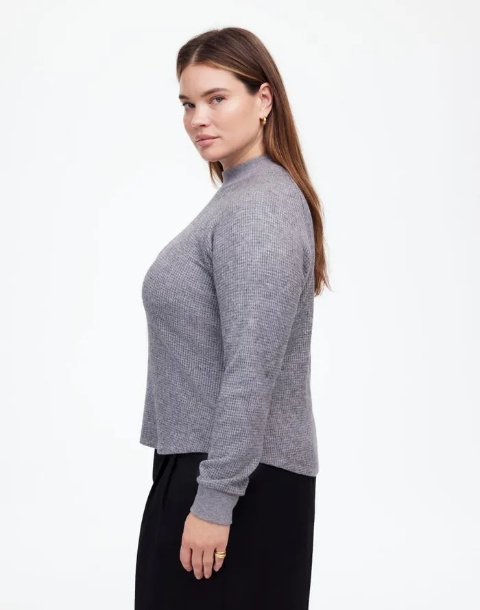 Loungewear Women Madewell Plus WaffleKnit LongSleeve Crewneck Tee Hthr Charcoal