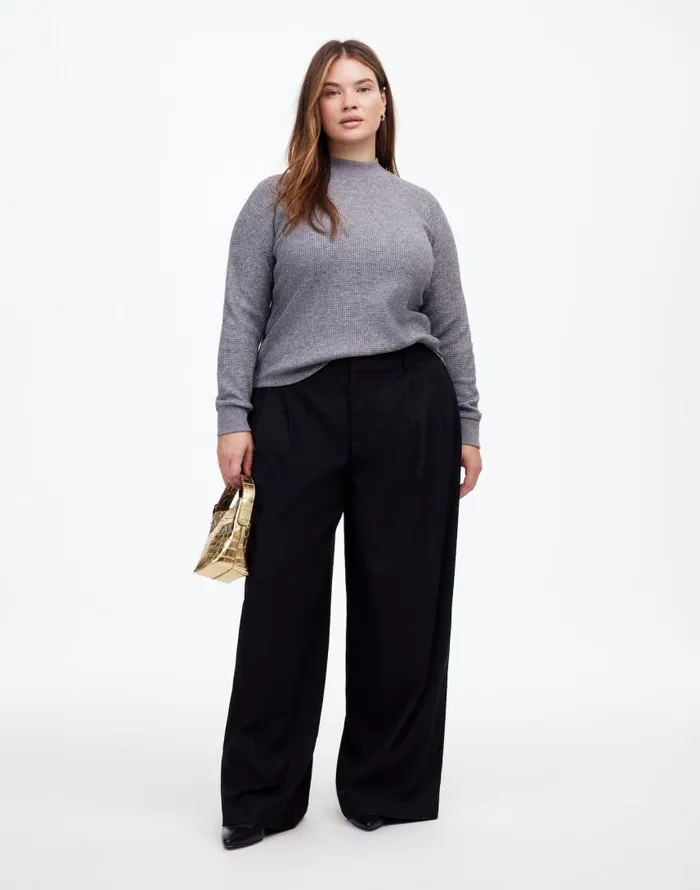 Loungewear Women Madewell Plus WaffleKnit LongSleeve Crewneck Tee Hthr Charcoal
