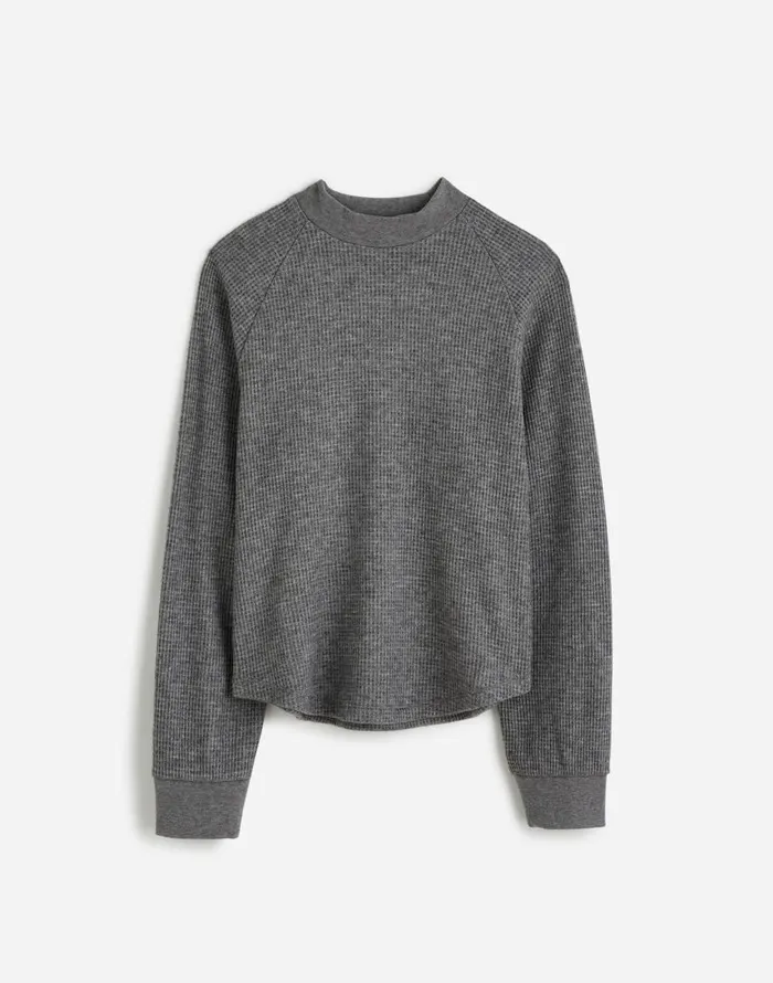 Loungewear Women Madewell Plus WaffleKnit LongSleeve Crewneck Tee Hthr Charcoal
