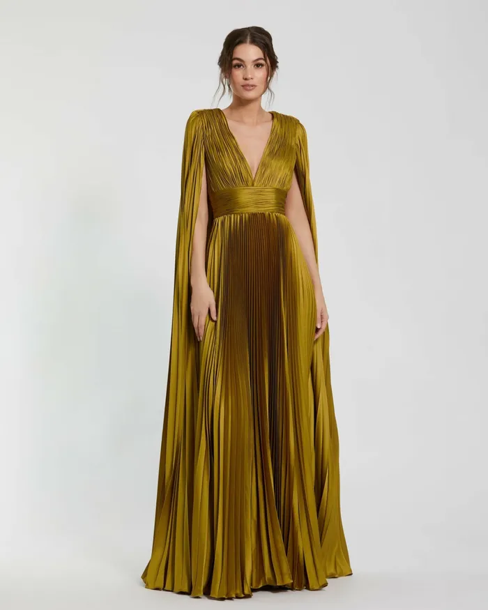 Mac Duggal Best Sellers Women Pleated Charmeuse V Neck Gown With Cape Chartreuse Mac Duggal Best Sellers Women Pleated Charmeuse V Neck Gown With Cape Chartreuse