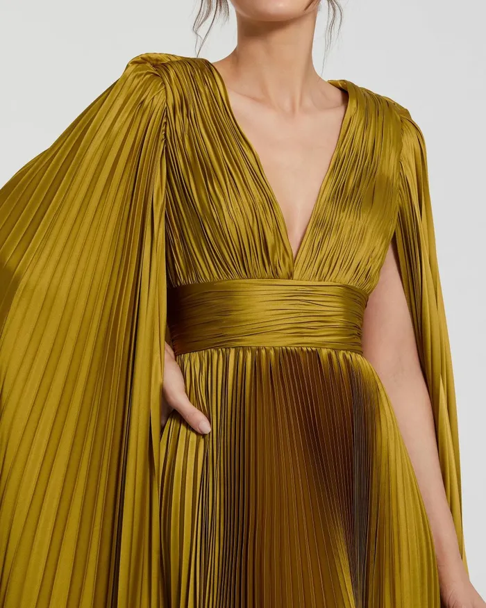 Mac Duggal Best Sellers Women Pleated Charmeuse V Neck Gown With Cape Chartreuse
