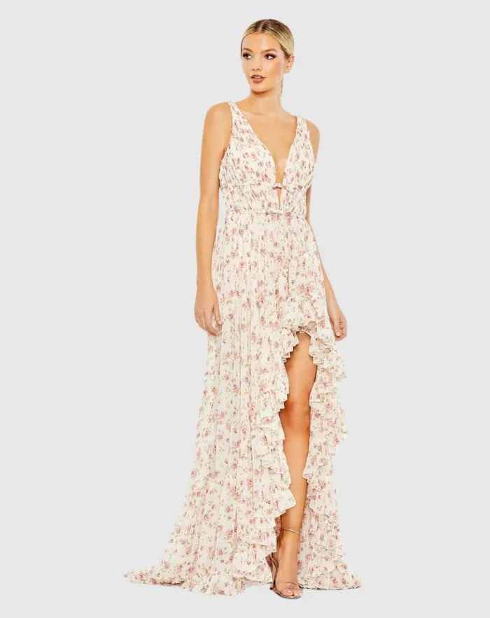 Mac Duggal Daytime Dresses Women Floral Print Sleeveless Ruffled HighLow Gown Pink Multi