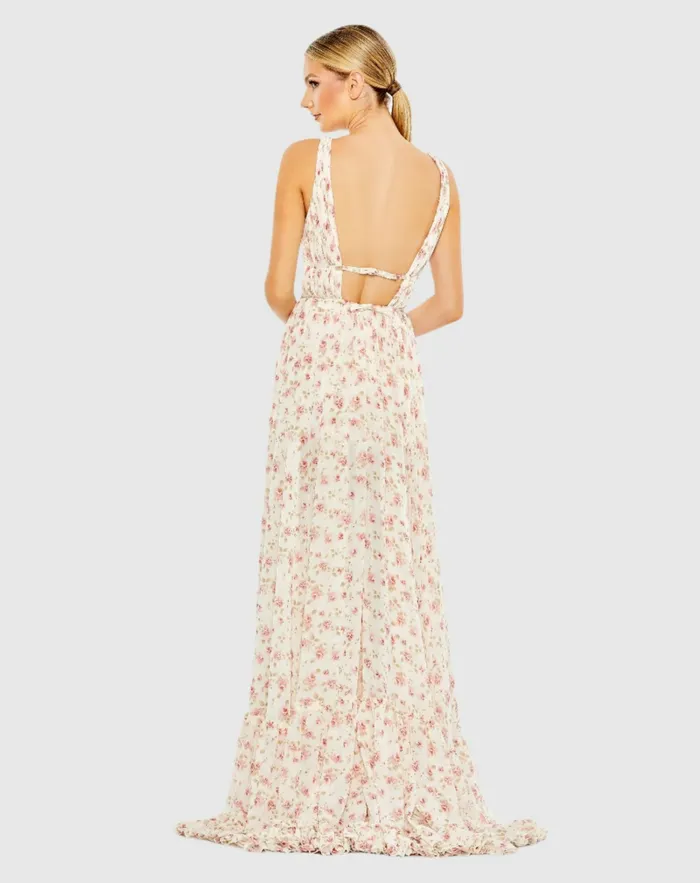 Mac Duggal Daytime Dresses Women Floral Print Sleeveless Ruffled HighLow Gown Pink Multi