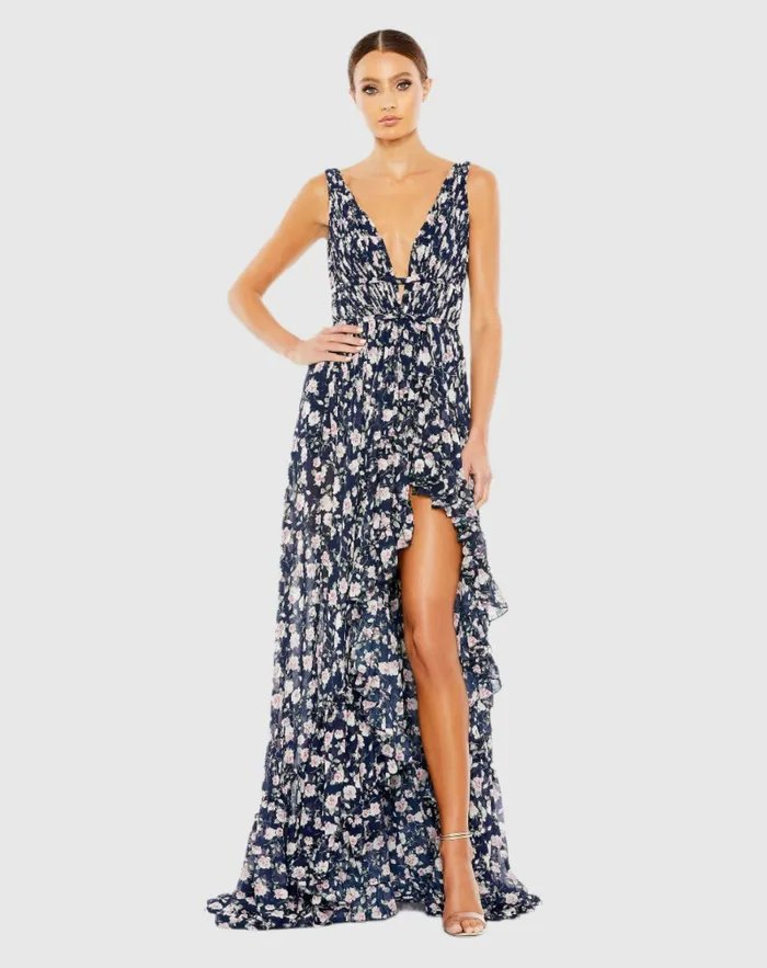 Mac Duggal Daytime Dresses Women Floral Print Sleeveless Ruffled HighLow Gown Pink Multi