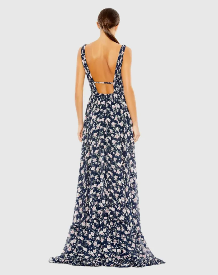 Mac Duggal Daytime Dresses Women Floral Print Sleeveless Ruffled HighLow Gown Pink Multi