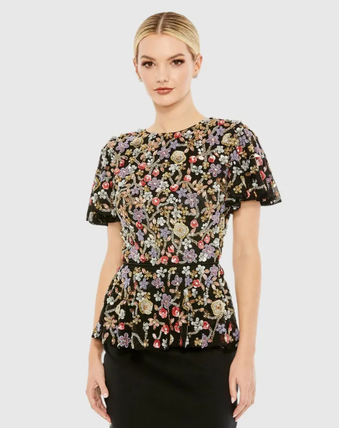 Mac Duggal Floral Embellished Butterfly Sleeve Peplum Top 8211 FINAL SALE Black Multi Women Blouses and Tops