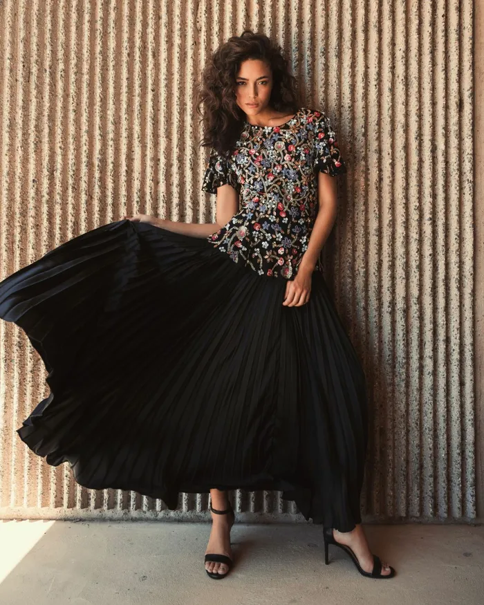 Mac Duggal Floral Embellished Butterfly Sleeve Peplum Top 8211 FINAL SALE Black Multi Women Blouses and Tops