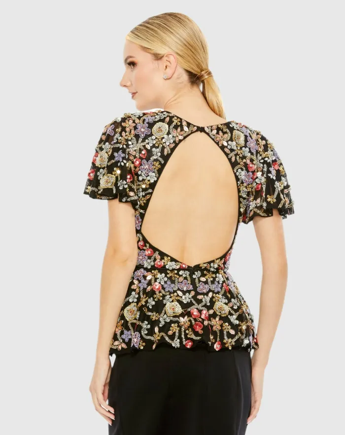 Mac Duggal Floral Embellished Butterfly Sleeve Peplum Top 8211 FINAL SALE Black Multi Women Blouses and Tops
