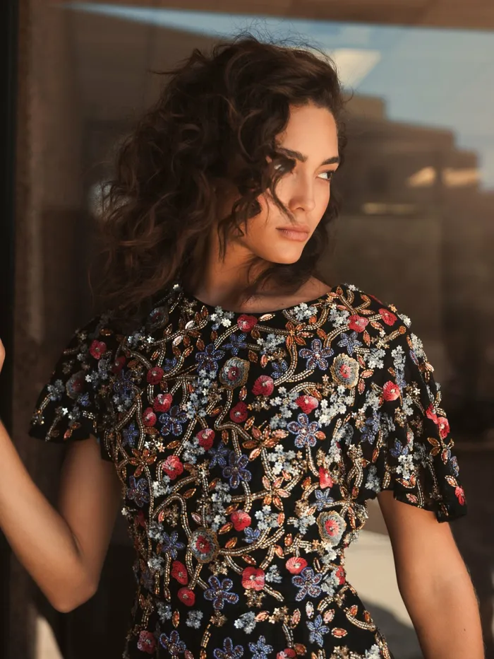 Mac Duggal Floral Embellished Butterfly Sleeve Peplum Top 8211 FINAL SALE Black Multi Women Blouses and Tops