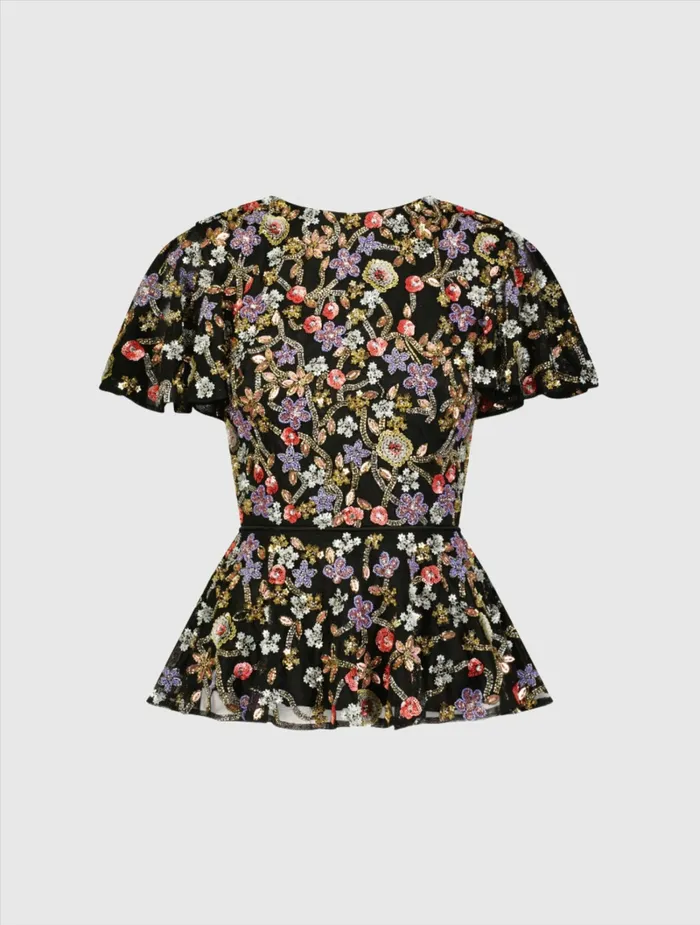 Mac Duggal Floral Embellished Butterfly Sleeve Peplum Top 8211 FINAL SALE Black Multi Women Blouses and Tops