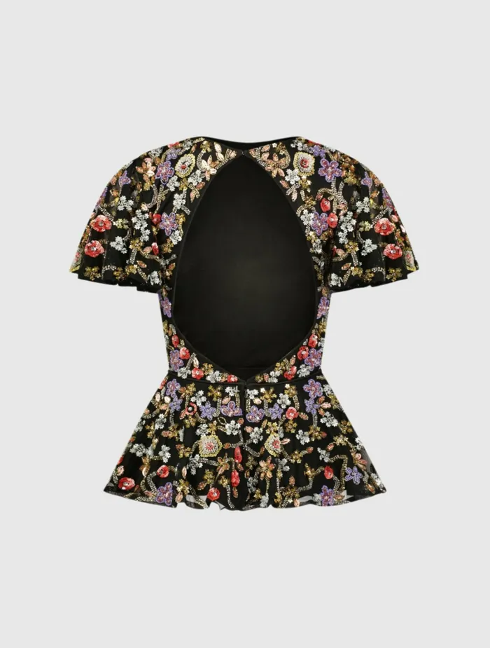 Mac Duggal Floral Embellished Butterfly Sleeve Peplum Top 8211 FINAL SALE Black Multi Women Blouses and Tops