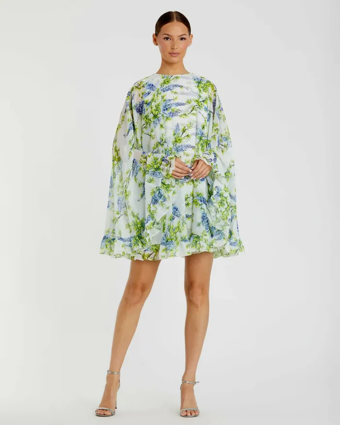 Mac Duggal Floral Print High Neck Ruffle Hem Cape Mini Dress White Multi Women Daytime Dresses