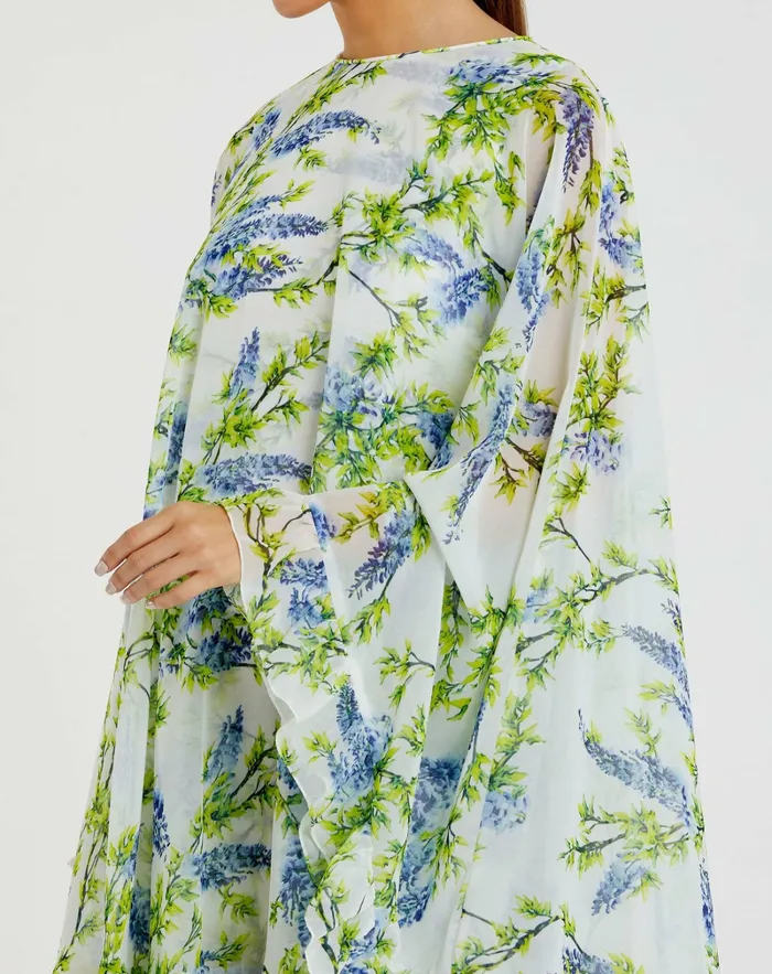 Mac Duggal Floral Print High Neck Ruffle Hem Cape Mini Dress White Multi Women Daytime Dresses