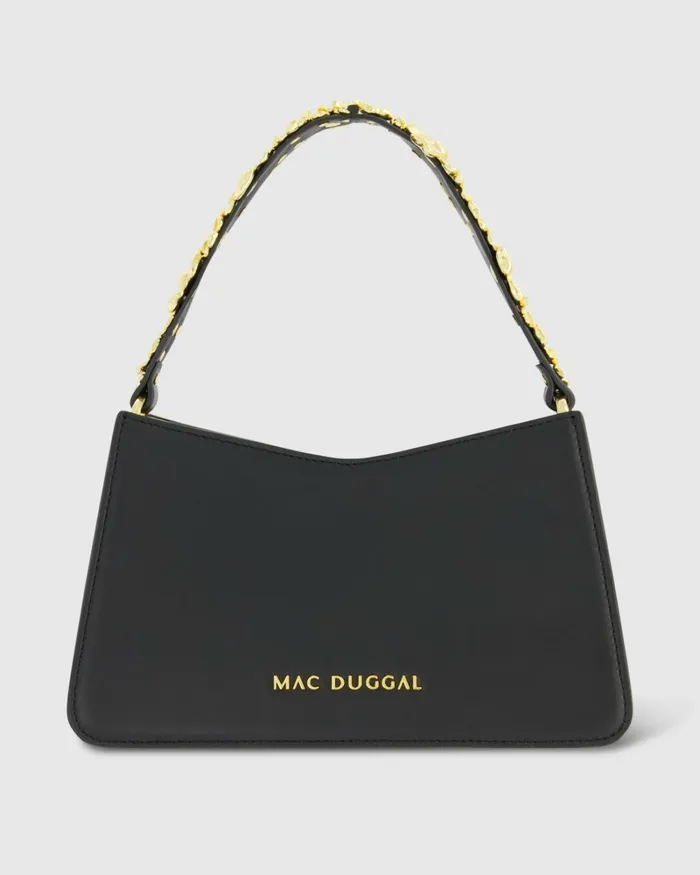 Mac Duggal Gold Floral Small Black Nappa Leather Shoulder Bag Black Women Shoulder Bags