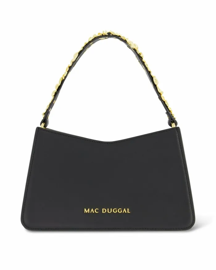 Mac Duggal Gold Floral Small Black Nappa Leather Shoulder Bag Black Women Shoulder Bags