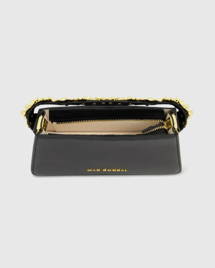 Mac Duggal Gold Floral Small Black Nappa Leather Shoulder Bag Black Women Shoulder Bags