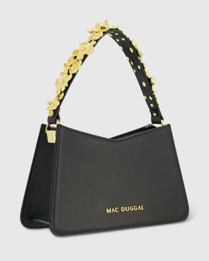 Mac Duggal Gold Floral Small Black Nappa Leather Shoulder Bag Black Women Shoulder Bags