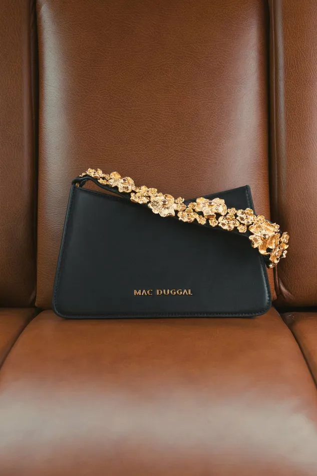 Mac Duggal Gold Floral Small Black Nappa Leather Shoulder Bag Black Women Shoulder Bags